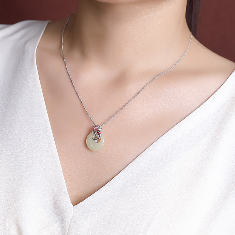 Buddha Stones 925 Sterling Silver Hetian Jade Peace Buckle Koi Fish Luck Necklace Pendant - image 6