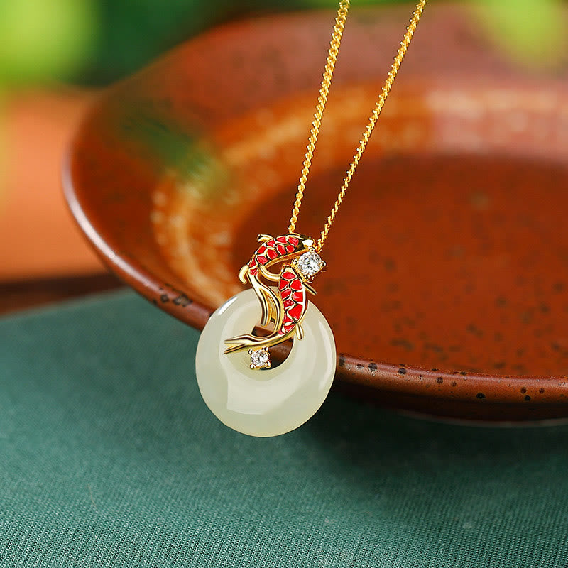 Buddha Stones 925 Sterling Silver Hetian Jade Peace Buckle Koi Fish Luck Necklace Pendant - image 0