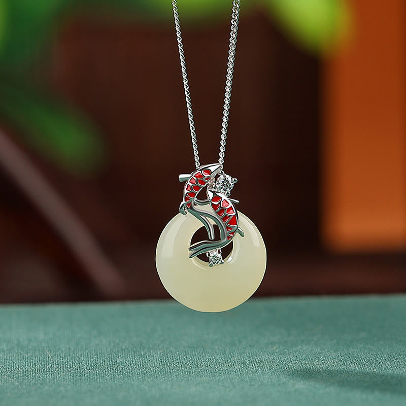 Buddha Stones 925 Sterling Silver Hetian Jade Peace Buckle Koi Fish Luck Necklace Pendant - Hetian Jade Peace Buckle Koi Fish Silver Chain - image 4
