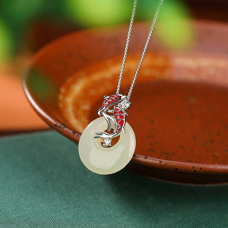 Buddha Stones 925 Sterling Silver Hetian Jade Peace Buckle Koi Fish Luck Necklace Pendant - image 5