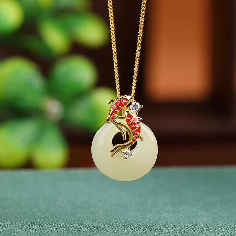 Buddha Stones 925 Sterling Silver Hetian Jade Peace Buckle Koi Fish Luck Necklace Pendant - Hetian Jade Peace Buckle Koi Fish Gold Chain - image 2