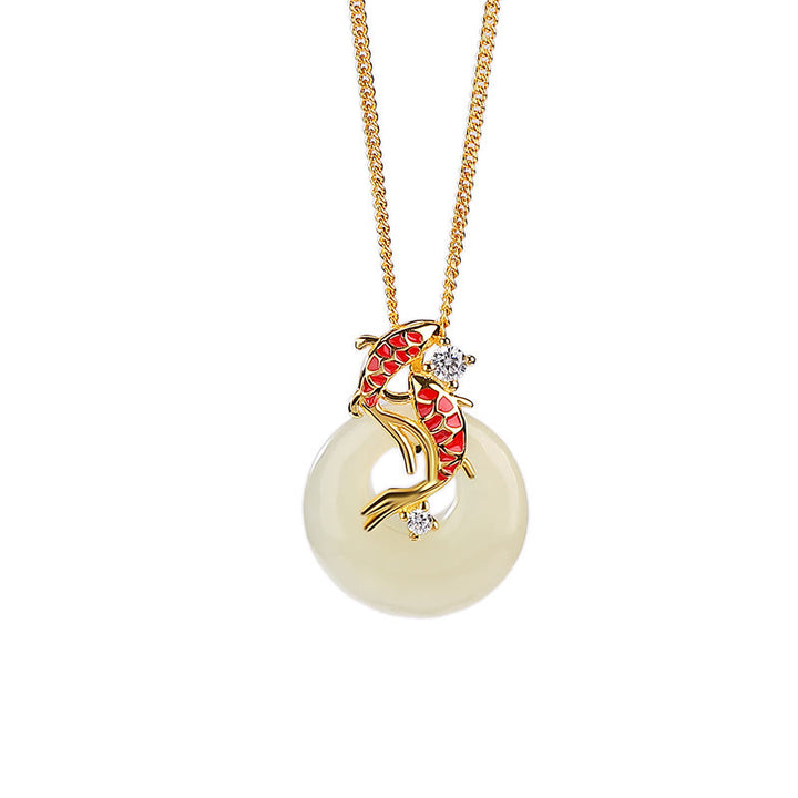Buddha Stones 925 Sterling Silver Hetian Jade Peace Buckle Koi Fish Luck Necklace Pendant - image 3