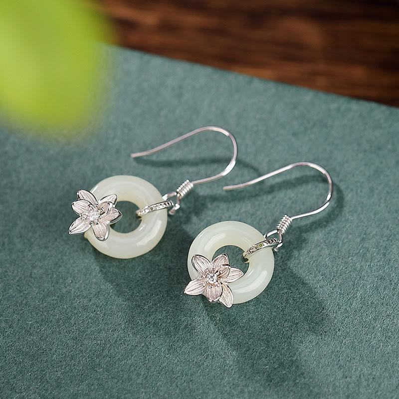 Buddha Stones 925 Sterling Silver Hetian Jade Peace Buckle Orchid Prosperity Earrings - image 5