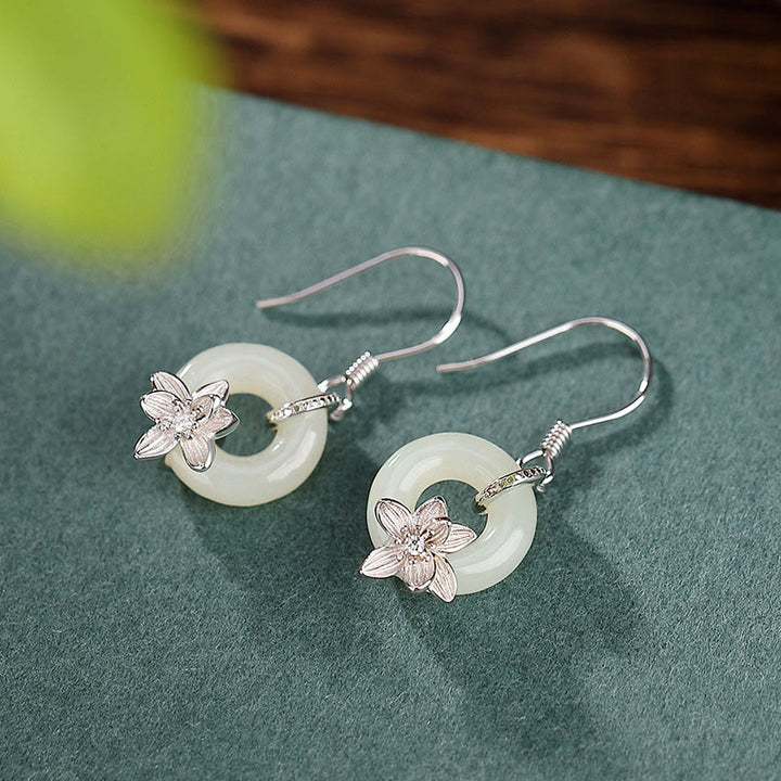 Buddha Stones 925 Sterling Silver Hetian Jade Peace Buckle Orchid Prosperity Earrings - image 5