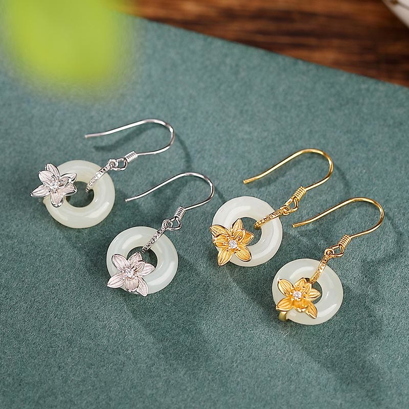 Buddha Stones 925 Sterling Silver Hetian Jade Peace Buckle Orchid Prosperity Earrings - image 1