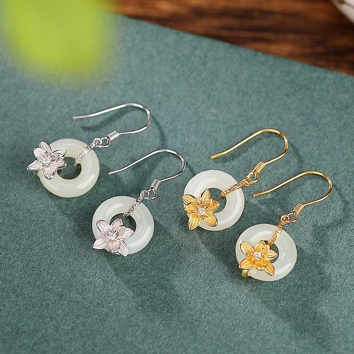 Buddha Stones 925 Sterling Silver Hetian Jade Peace Buckle Orchid Prosperity Earrings - image 1