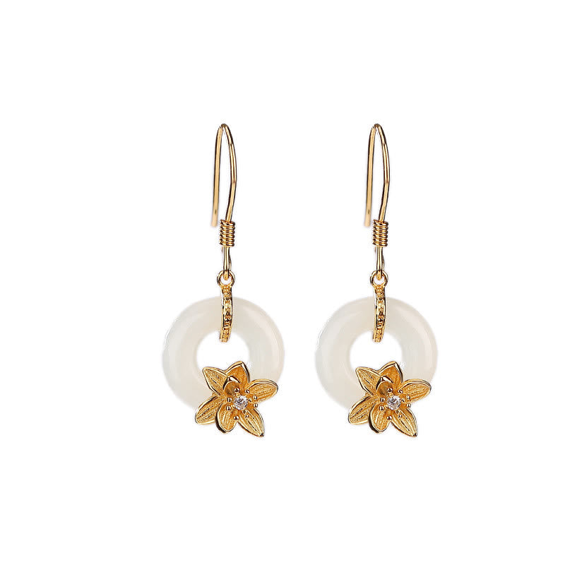 Buddha Stones 925 Sterling Silver Hetian Jade Peace Buckle Orchid Prosperity Earrings - image 3