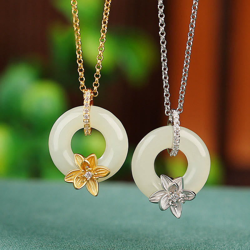 Buddha Stones 925 Sterling Silver Hetian Jade Peace Buckle Flower Luck Necklace Pendant - image 0