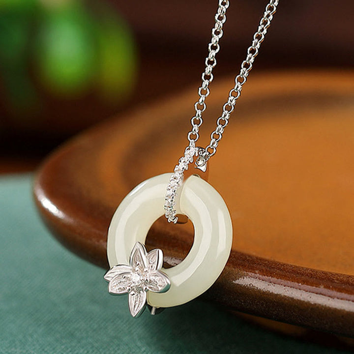 Buddha Stones 925 Sterling Silver Hetian Jade Peace Buckle Flower Luck Necklace Pendant - image 6