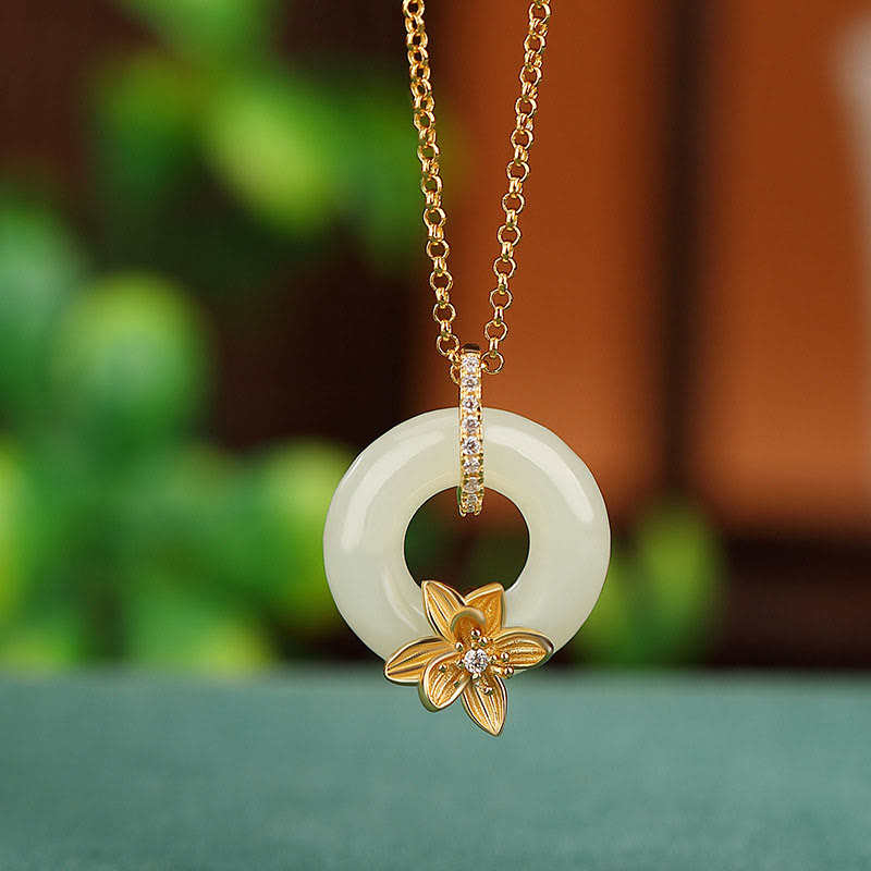 Buddha Stones 925 Sterling Silver Hetian Jade Peace Buckle Flower Luck Necklace Pendant - image 1