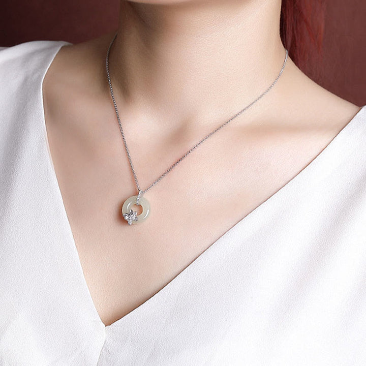 Buddha Stones 925 Sterling Silver Hetian Jade Peace Buckle Flower Luck Necklace Pendant - image 9