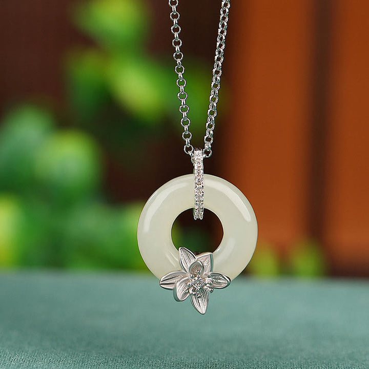 Buddha Stones 925 Sterling Silver Hetian Jade Peace Buckle Flower Luck Necklace Pendant - image 5