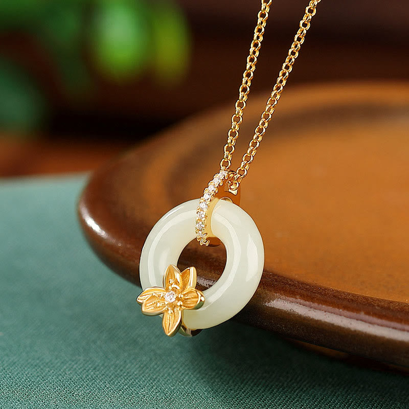 Buddha Stones 925 Sterling Silver Hetian Jade Peace Buckle Flower Luck Necklace Pendant - Hetian Jade Peace Buckle Gold Chain - image 2