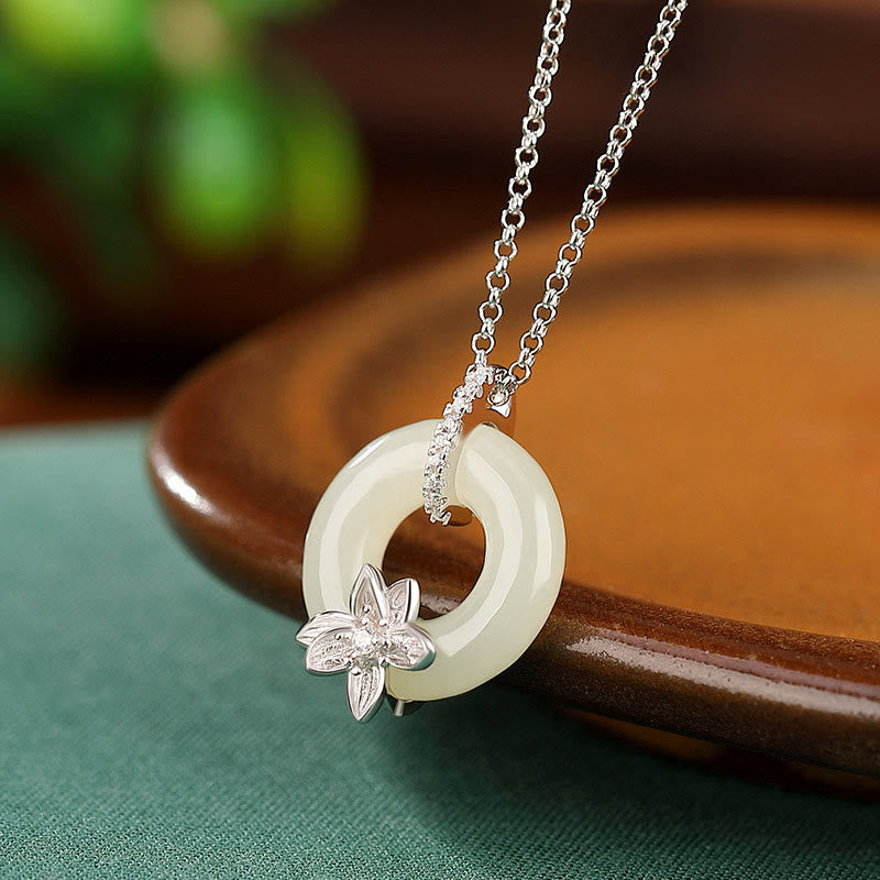 Buddha Stones 925 Sterling Silver Hetian Jade Peace Buckle Flower Luck Necklace Pendant - Hetian Jade Peace Buckle Silver Chain - image 7