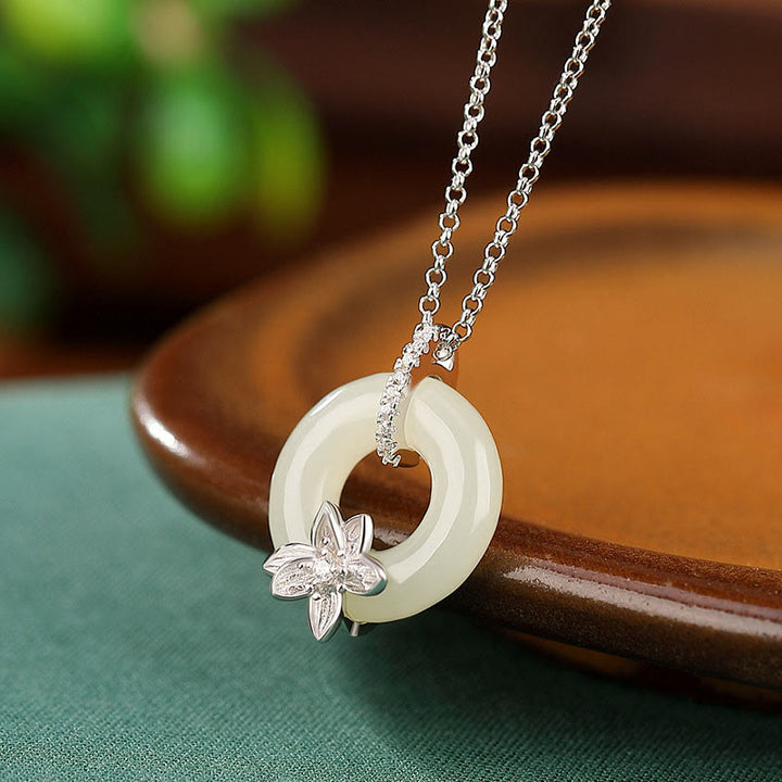 Buddha Stones 925 Sterling Silver Hetian Jade Peace Buckle Flower Luck Necklace Pendant - Hetian Jade Peace Buckle Silver Chain - image 7