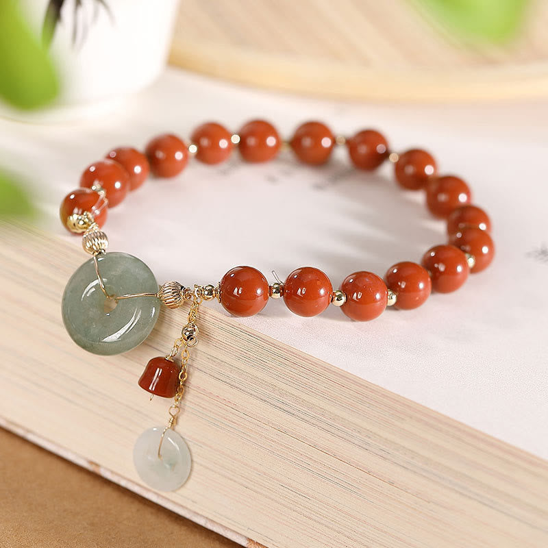 Buddha Stones 14k Gold Filled Jade Red Agate Peace Buckle Copper Coin Gourd Confidence Bracelet - Red Agate Jade Peace Buckle(Wrist Circumference 14-16cm) - image 0