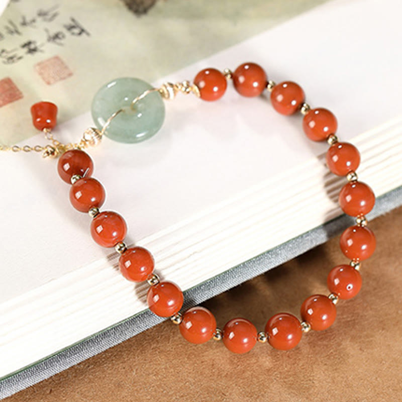 Buddha Stones 14k Gold Filled Jade Red Agate Peace Buckle Copper Coin Gourd Confidence Bracelet - image 2