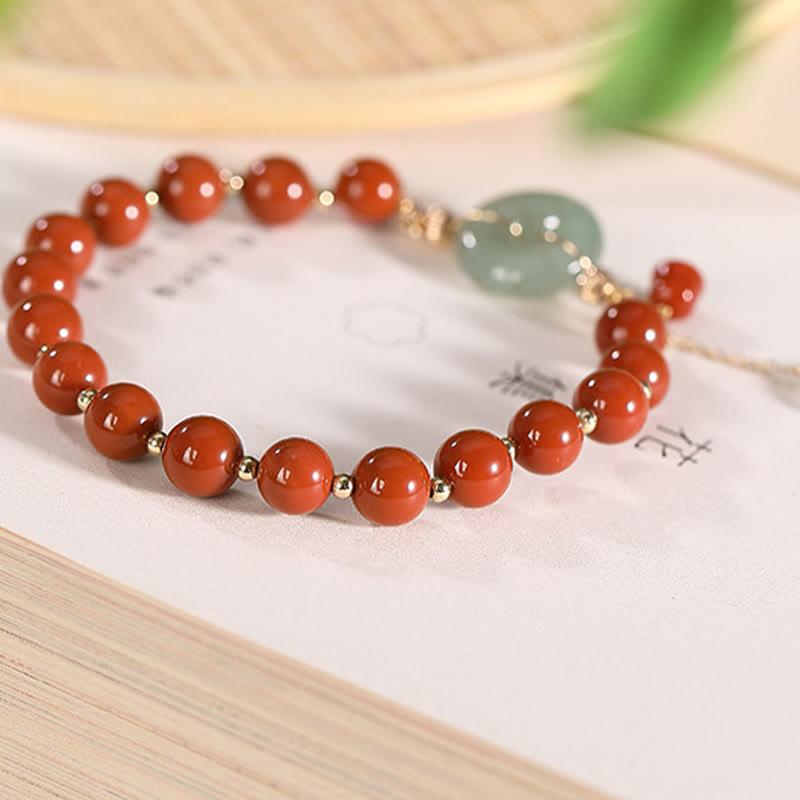 Buddha Stones 14k Gold Filled Jade Red Agate Peace Buckle Copper Coin Gourd Confidence Bracelet - image 1