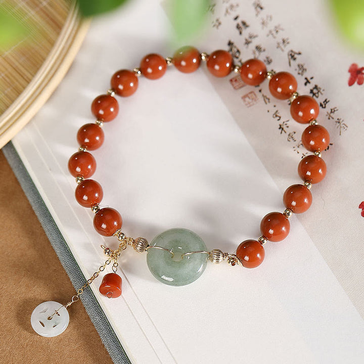 Buddha Stones 14k Gold Filled Jade Red Agate Peace Buckle Copper Coin Gourd Confidence Bracelet - image 3
