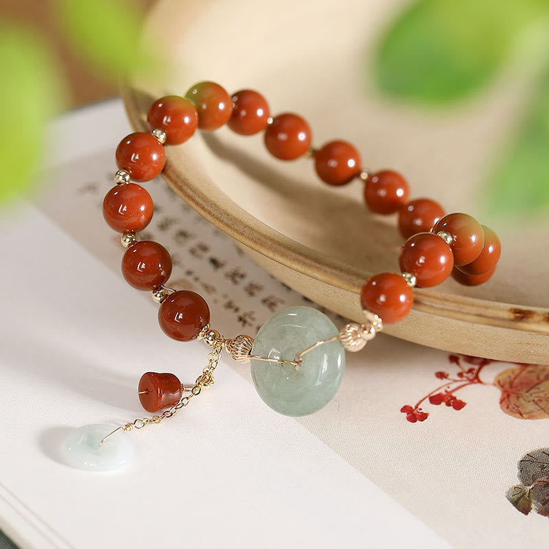 Buddha Stones 14k Gold Filled Jade Red Agate Peace Buckle Copper Coin Gourd Confidence Bracelet - image 4