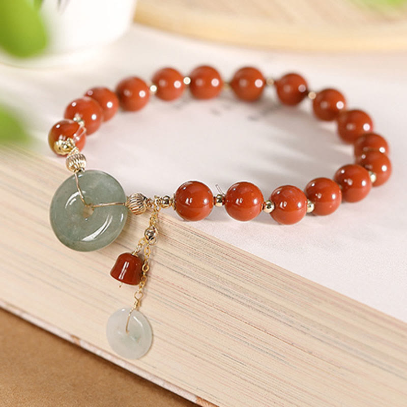 Buddha Stones 14k Gold Filled Jade Red Agate Peace Buckle Copper Coin Gourd Confidence Bracelet - image 5