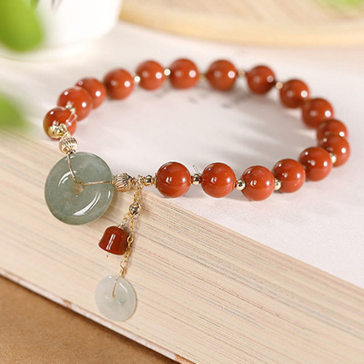 Buddha Stones 14k Gold Filled Jade Red Agate Peace Buckle Copper Coin Gourd Confidence Bracelet - image 5