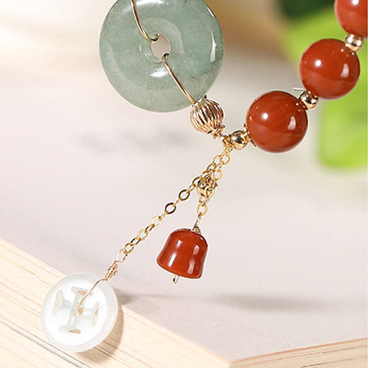 Buddha Stones 14k Gold Filled Jade Red Agate Peace Buckle Copper Coin Gourd Confidence Bracelet - image 6