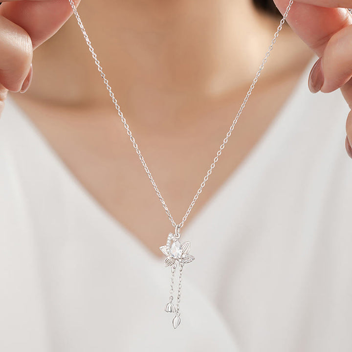 Buddha Stones 925 Sterling Silver Lotus Zircon Enlightenment Necklace Pendant - image 9