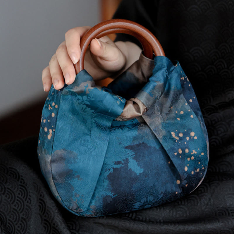 Buddha Stones Handmade Jacquard Flower Blue Wooden Handle Handbag - image 11