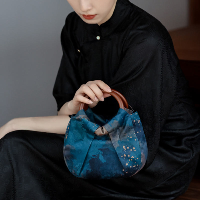 Buddha Stones Handmade Jacquard Flower Blue Wooden Handle Handbag - image 10