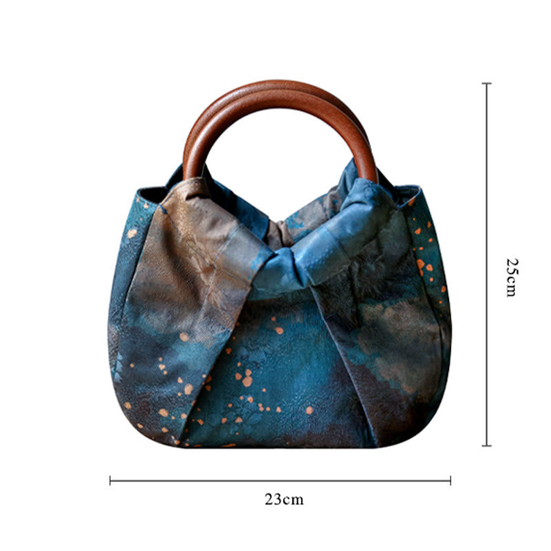 Buddha Stones Handmade Jacquard Flower Blue Wooden Handle Handbag - image 8