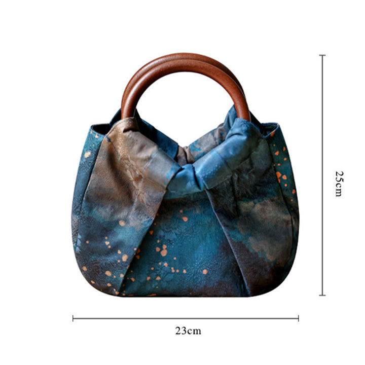 Buddha Stones Handmade Jacquard Flower Blue Wooden Handle Handbag - image 8