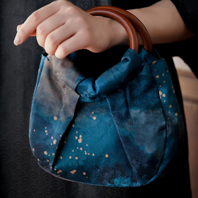 Buddha Stones Handmade Jacquard Flower Blue Wooden Handle Handbag - image 9