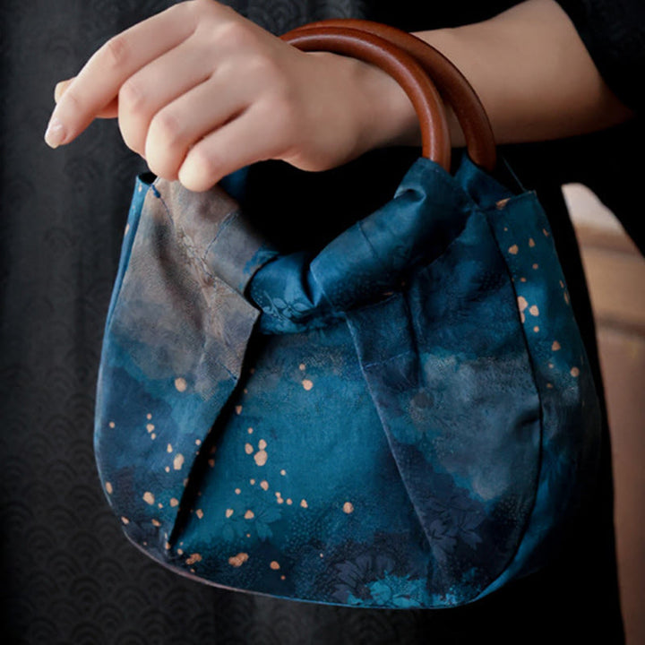 Buddha Stones Handmade Jacquard Flower Blue Wooden Handle Handbag - image 9