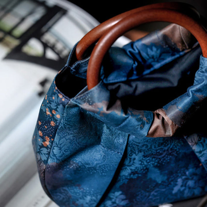 Buddha Stones Handmade Jacquard Flower Blue Wooden Handle Handbag - image 4