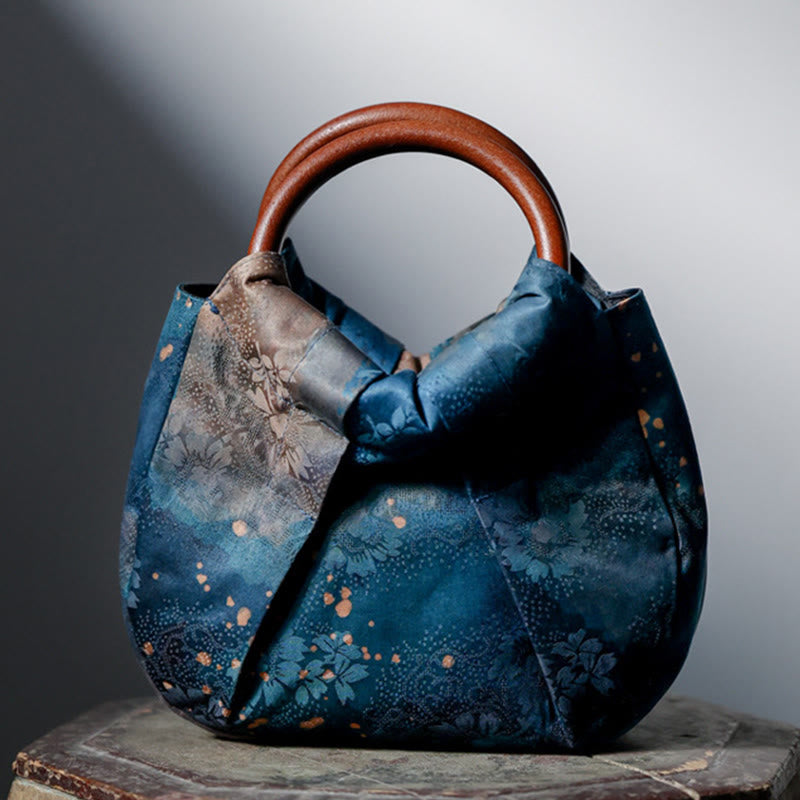 Buddha Stones Handmade Jacquard Flower Blue Wooden Handle Handbag - image 1