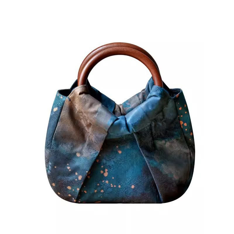 Buddha Stones Handmade Jacquard Flower Blue Wooden Handle Handbag - image 15