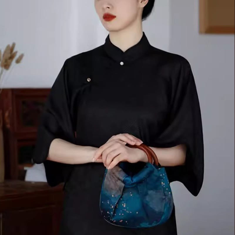 Buddha Stones Handmade Jacquard Flower Blue Wooden Handle Handbag - image 13