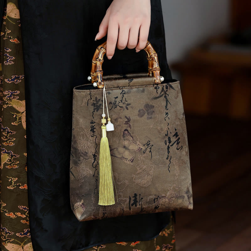 Buddha Stones Bamboo Leaves Butterfly Koi Fish Bamboo Handles Handbag - Khaki Butterfly Koi Fish 23*25*8.5cm - image 17