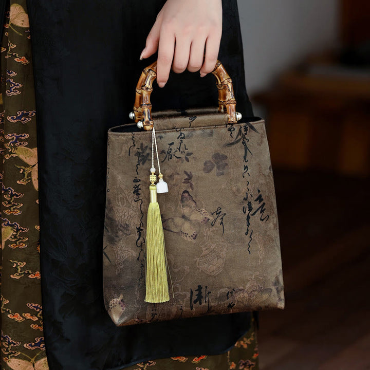 Buddha Stones Bamboo Leaves Butterfly Koi Fish Bamboo Handles Handbag - Khaki Butterfly Koi Fish 23*25*8.5cm - image 17