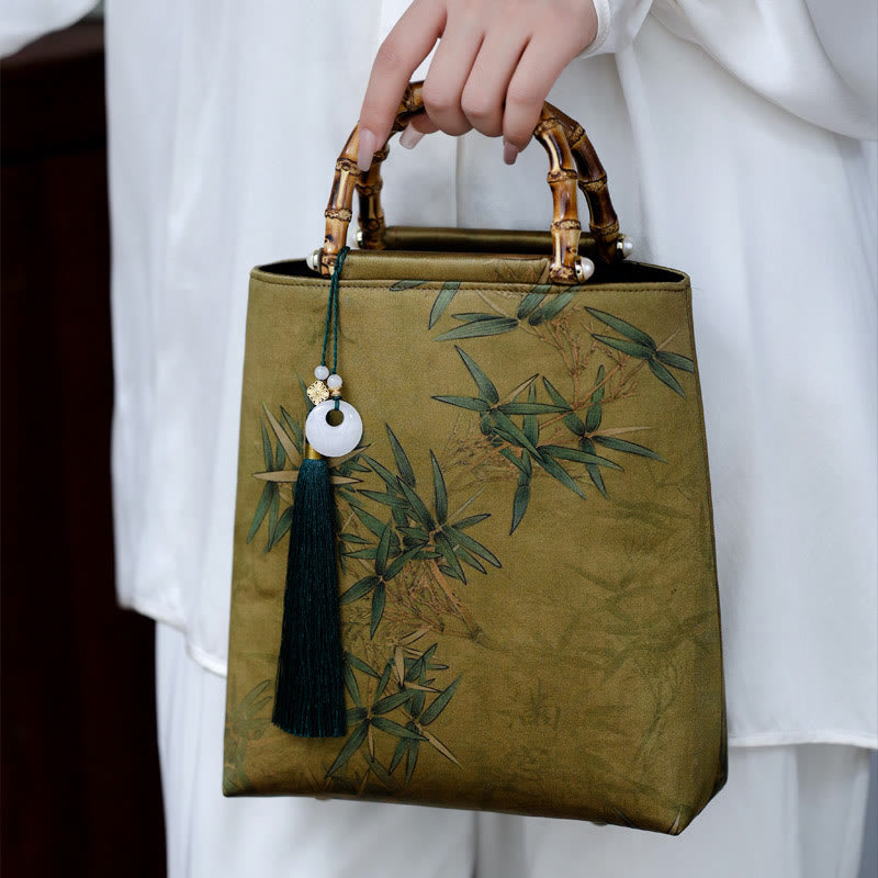 Buddha Stones Bamboo Leaves Butterfly Koi Fish Bamboo Handles Handbag - Yellow-Green Bamboo 23*25*8.5cm - image 28