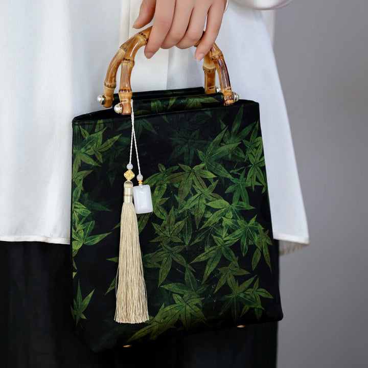 Buddha Stones Bamboo Leaves Butterfly Koi Fish Bamboo Handles Handbag - image 1