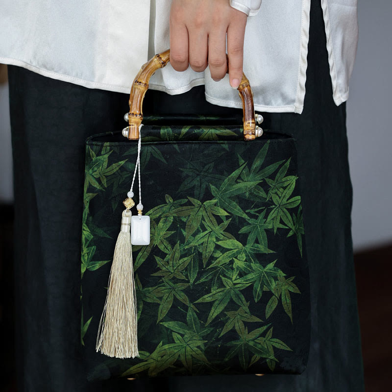 Buddha Stones Bamboo Leaves Butterfly Koi Fish Bamboo Handles Handbag - image 2
