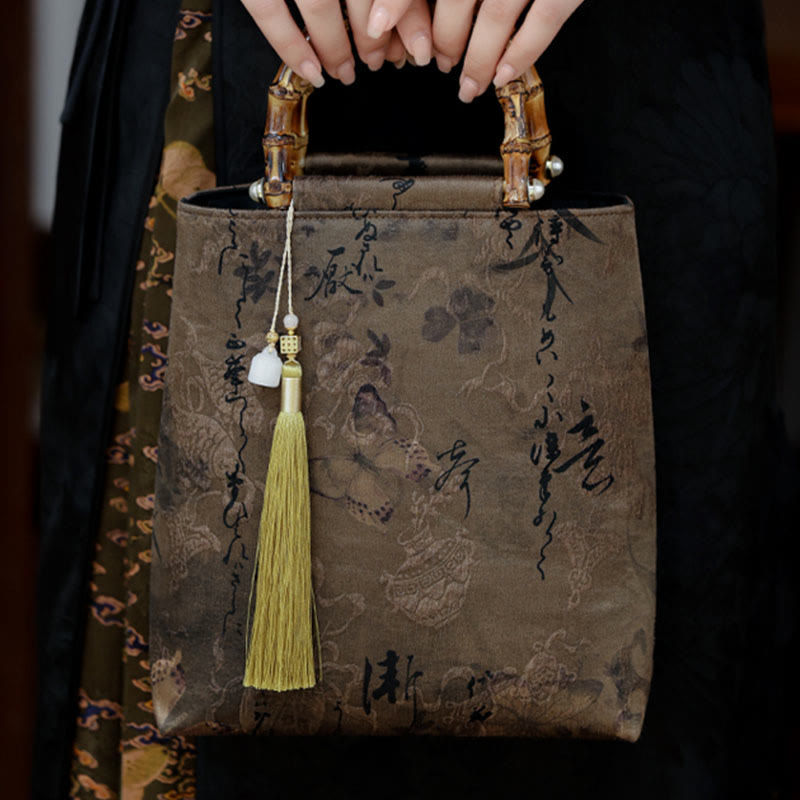 Buddha Stones Bamboo Leaves Butterfly Koi Fish Bamboo Handles Handbag - image 18