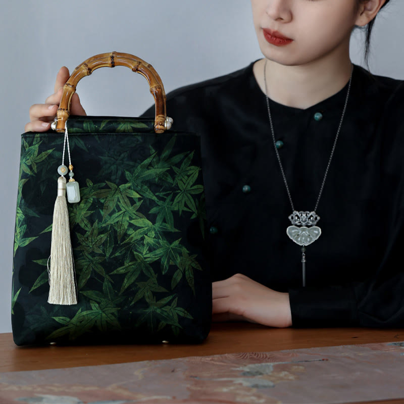 Buddha Stones Bamboo Leaves Butterfly Koi Fish Bamboo Handles Handbag - image 15
