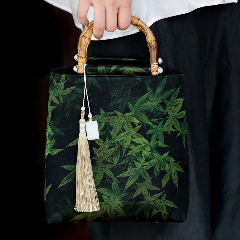Buddha Stones Bamboo Leaves Butterfly Koi Fish Bamboo Handles Handbag - image 13