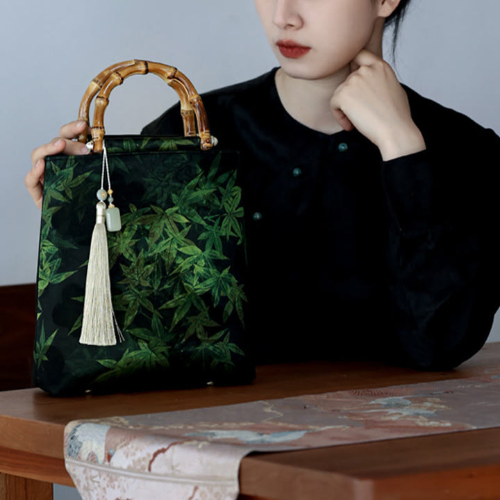 Buddha Stones Bamboo Leaves Butterfly Koi Fish Bamboo Handles Handbag - image 14