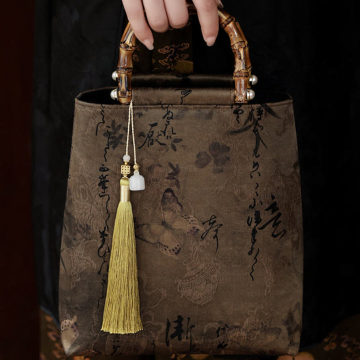 Buddha Stones Bamboo Leaves Butterfly Koi Fish Bamboo Handles Handbag - image 19