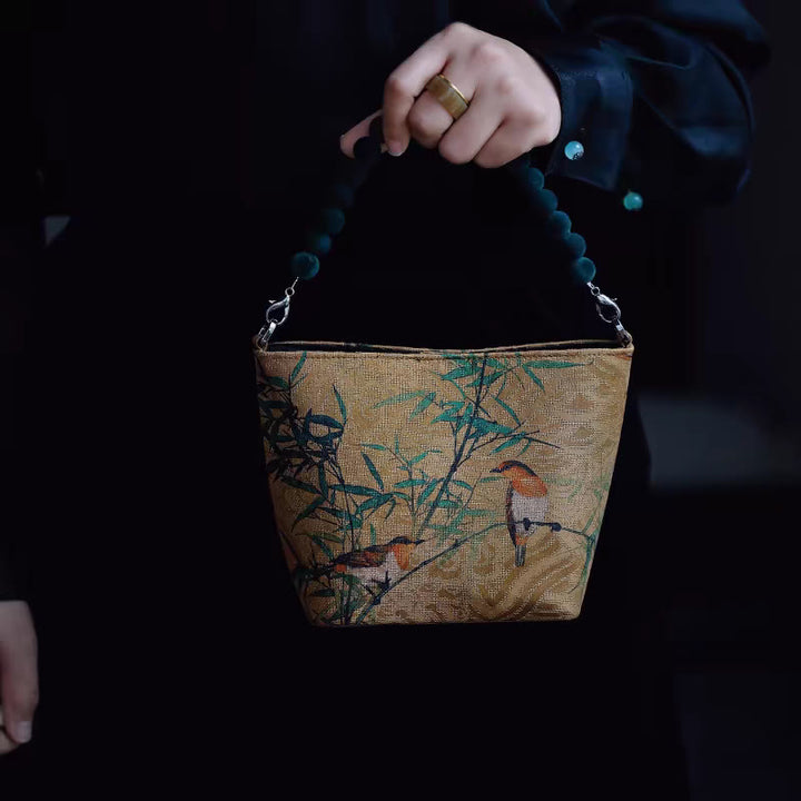 Buddha Stones Small Bamboo Leaves Butterfly Peony Flowers Magpie Metal Chain Crossbody Bag Shoulder Bag Handbag - Yellow Magpie On Branches 14*18*9cm - image 15