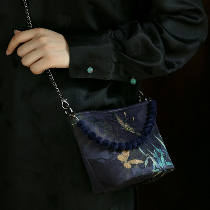 Buddha Stones Small Bamboo Leaves Butterfly Peony Flowers Magpie Metal Chain Crossbody Bag Shoulder Bag Handbag - image 3